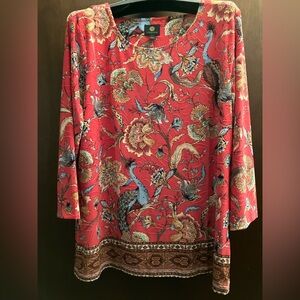 JM Collection Tunic Top Size Large Floral and Peacocks Design 3/4 Sleeves NWT